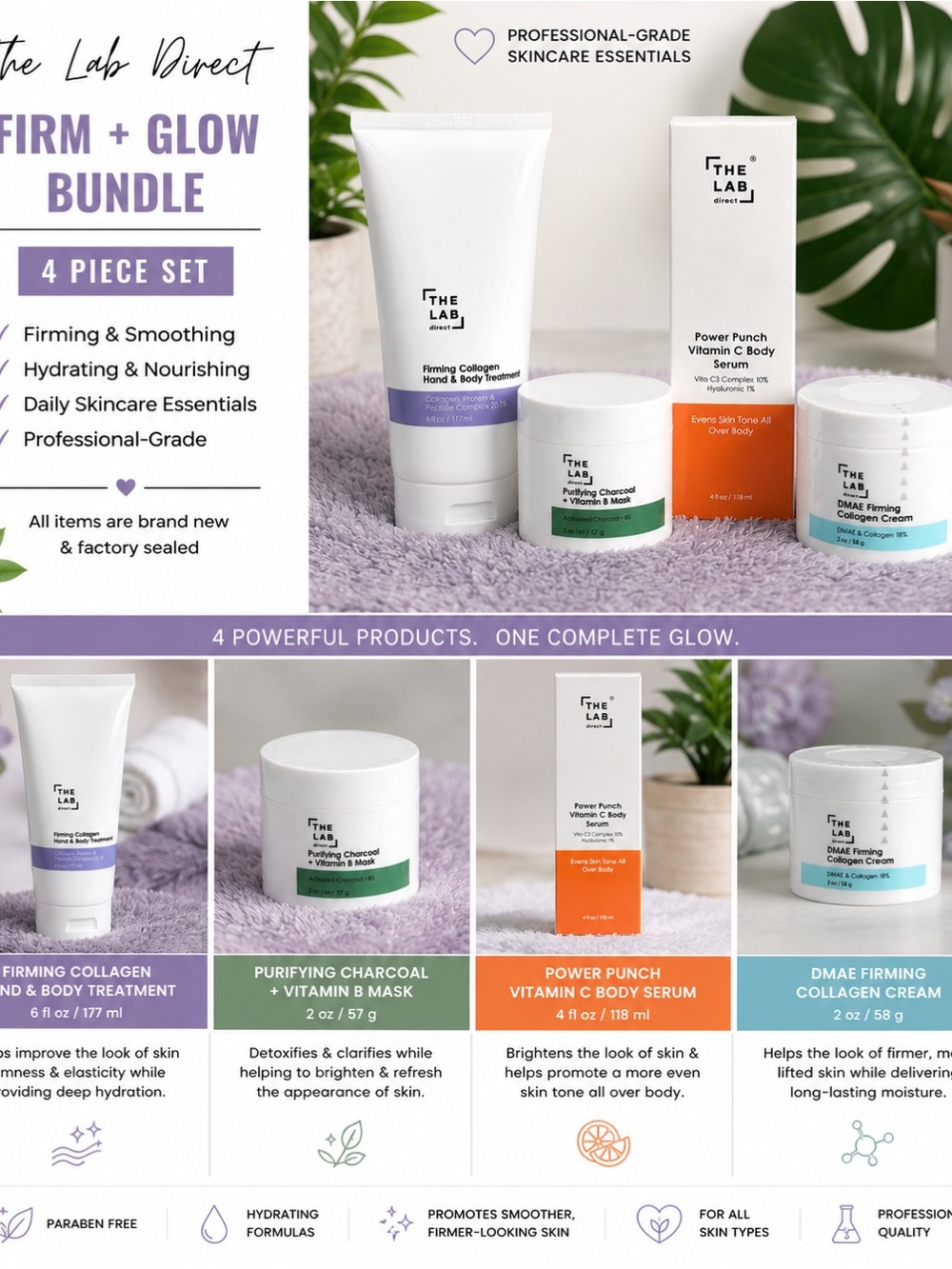 The Lab Direct Firm + Glow Skincare Bundle | New Sealed | 4 Pc Set
